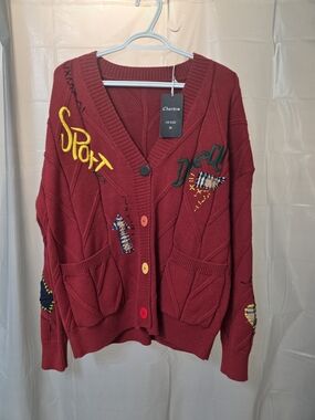 Red Embroidered Button-Front Women's Sweater Cardigan